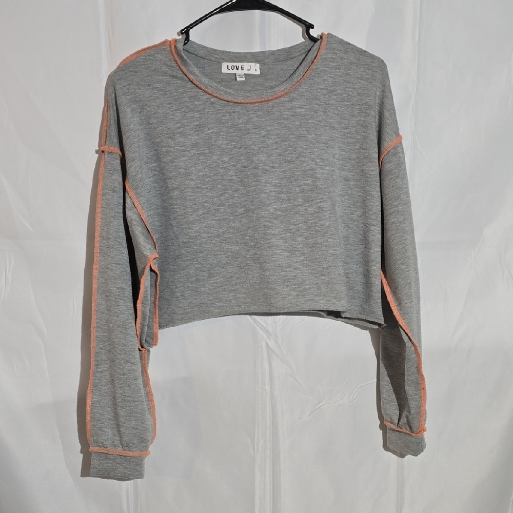 Love J Gray Sweatshirt with Orange Stitching.